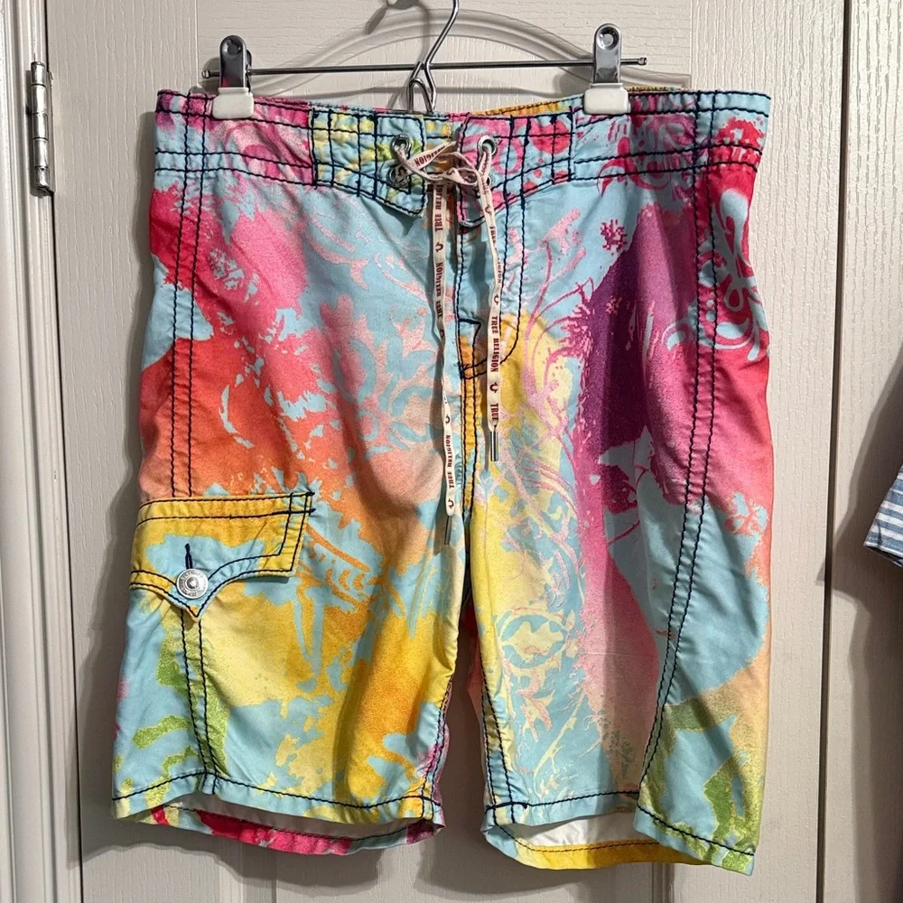 💙💖True Religion Tie Dye Y2K Board‎ Shorts Surf Dopamine 36